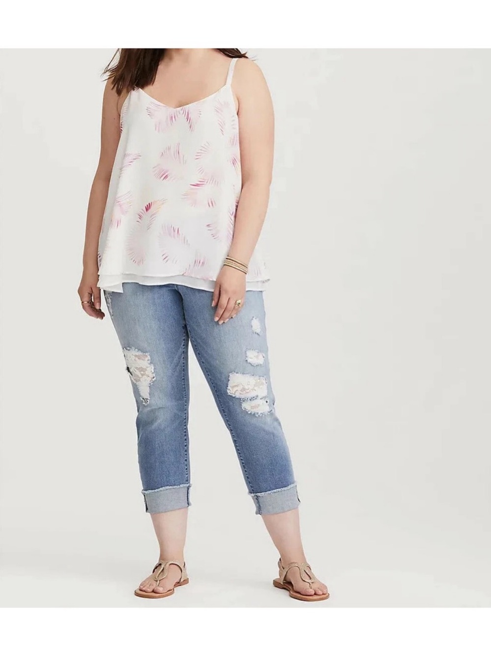 Torrid Crop Boyfriend Jean Stretch Mid Rise Light Wash Distressed Lace Detailing
